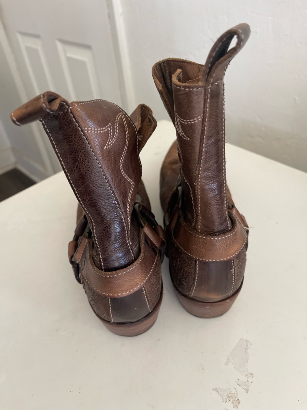 Bed Stu Brown Distressed Leather Harness Ankle Boots - Picture 7 of 9